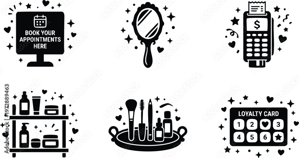 Obraz premium Black and white beauty salon icons including booking mirror cosmetics payment and loyalty card