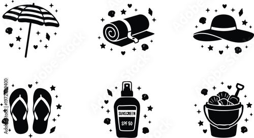 Black and white beach umbrella sunscreen spf 50 flip flops sun hat bucket and roll mat icons