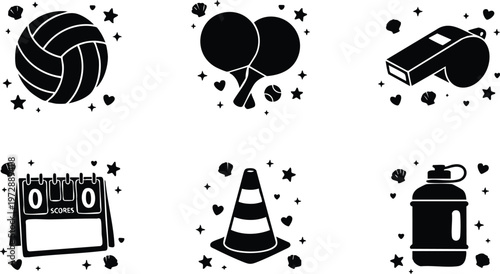 Black and white sports icons including volleyball scoreboard whistle and water bottle