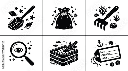 Black and white treasure hunting icons with scoop rake magnifying glass and money bag