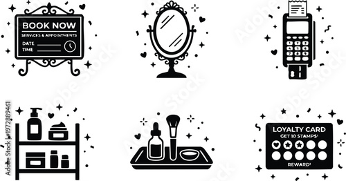 Black and white beauty appointment booking mirror and loyalty card vector art