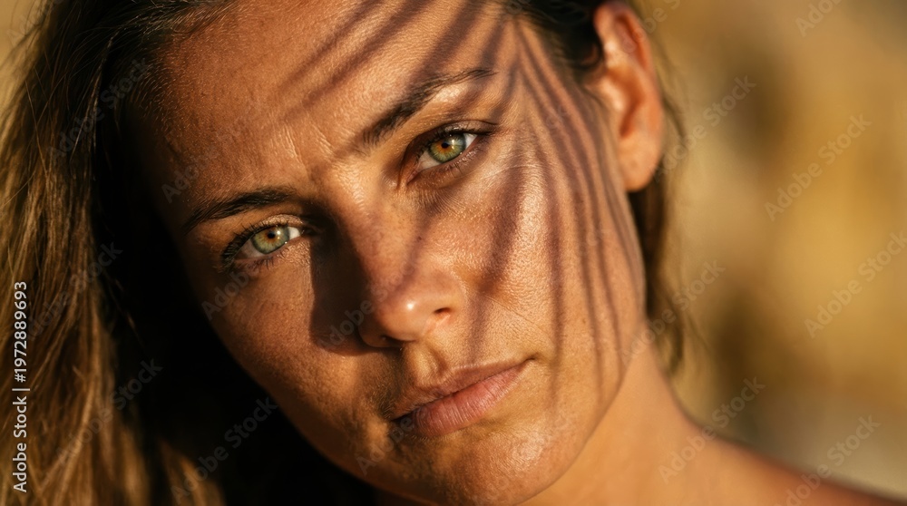 Fototapeta premium A close-up portrait of a beautiful woman with sunlight casting dramatic shadows on her face