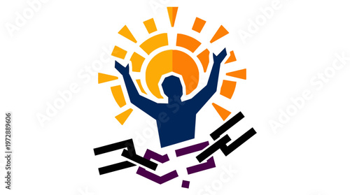 Triumphant Person Breaking Chains Toward a Glowing Sun Illustration