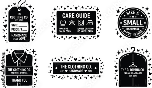 Black and white handmade clothing tags and care guide vector art with decorative stars and hearts