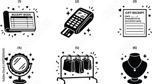 Black and white shopping icons receipt book card payment gift receipt mirror shopping bags jewelry display