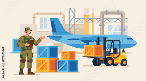 Military Air Freight Logistics and Cargo Transportation Illustration