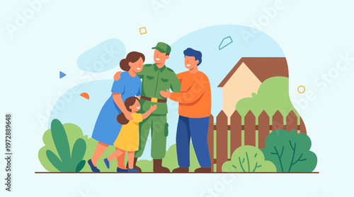 Happy Soldier Returning Home To Family Vector Illustration