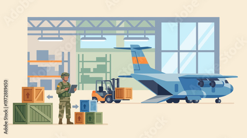 Military Logistics and Cargo Transport Illustration in Hangar