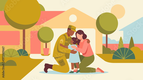 Soldier Reuniting With Family at Home Flat Illustration