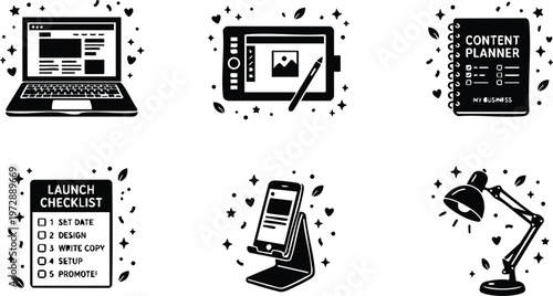 Black and white digital work tools icons with laptop content planner and checklist