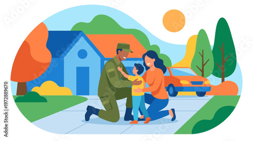 Heartwarming military homecoming illustration of soldier and family