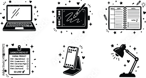 Black and white digital product launch checklist laptop phone tablet and desk lamp icons vector art