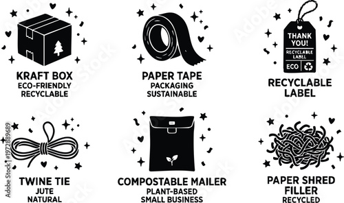 Black and white eco friendly packaging icons kraft box tape label twine mailer shred