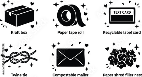 Black and white kraft box paper tape roll compostable mailer and recyclable label card icons