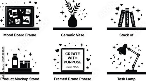 Black and white framed create with purpose phrase with hearts and stars vector art