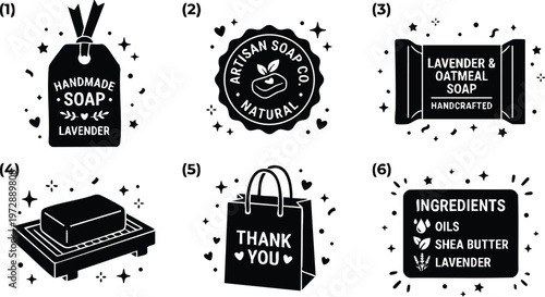 Black and white handmade lavender soap tag and artisan natural seal with thank you bag and ingredients list vector art