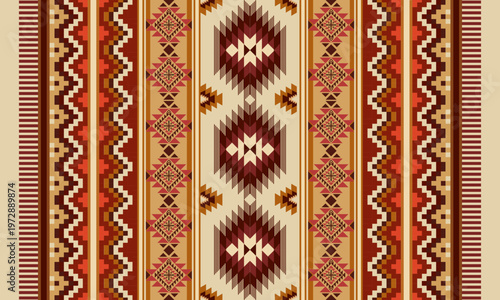 Seamless geometric rug pattern inspired by tribal textiles, featuring bold diamond motifs, zigzag lines, and warm earthy tones in a symmetrical ethnic design.