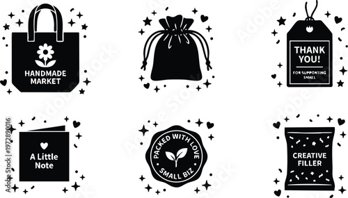 Black and white small business packaging and thank you note icons with stars and hearts