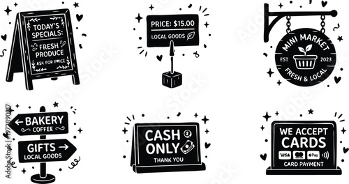 Black and white handwritten local market signs with pricing cash and card payment details