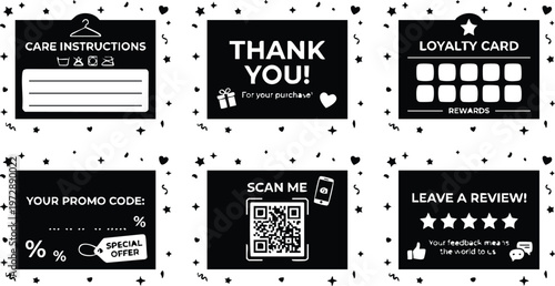 Black and white care instructions thank you loyalty card promo code scan qr leave a review icons