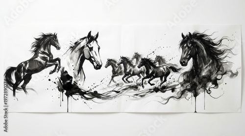 A dramatic black and white illustration of a herd of horses running freely with splashes of ink