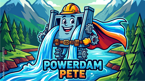 Cartoon Dam Character Powerdam Pete.