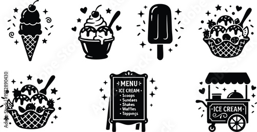 Black and white ice cream cone sundaes popsicle menu and cart vector art