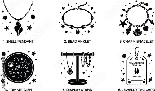 Black and white shell pendant bead anklet charm bracelet trinket dish jewelry set vector art