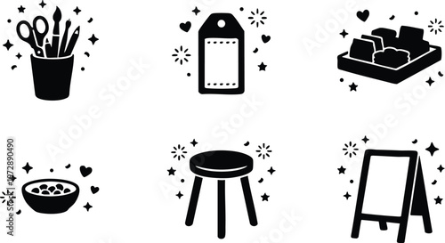 Black line art tools cup tag soap bowl stool and easel icons