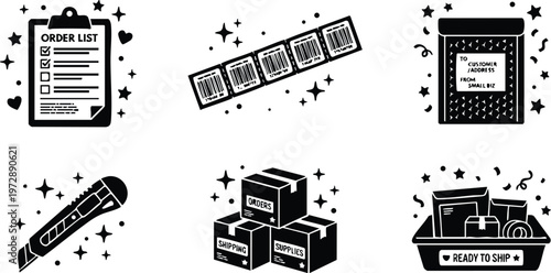 Black and white order list shipping boxes and packaging icons set