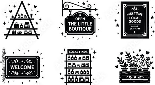 Black and white flat design welcome local goods boutique signs and plant shelf vector art