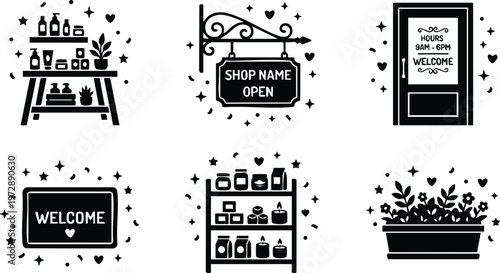 Welcoming shop signs and decorated shelves with plants and products