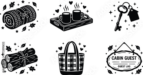 Black and white cabin guest icons with log key cups and blanket