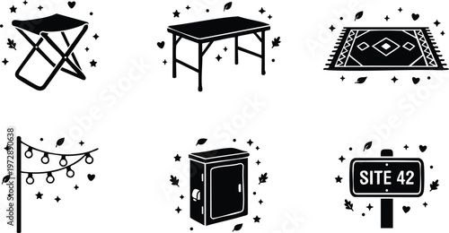 Black and white camping equipment icons including folding stool table rug string lights cooler box and site 42 sign