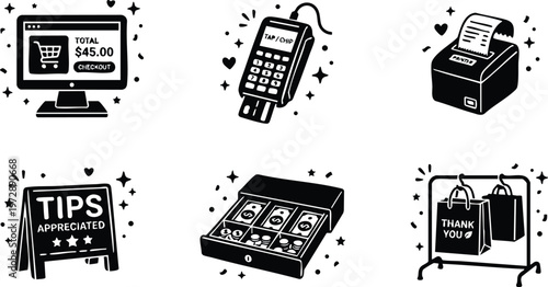 Black and white icons of retail checkout computer payment terminal cash register tip sign and shopping bags thank you