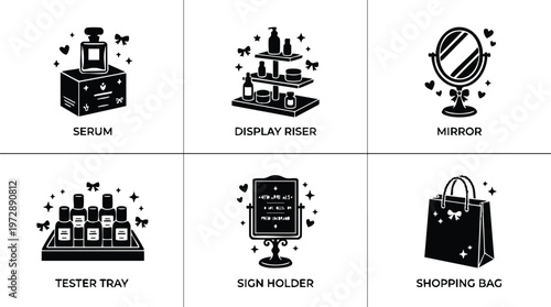 Black and white cosmetic serum display riser mirror tester tray sign holder and shopping bag vector art