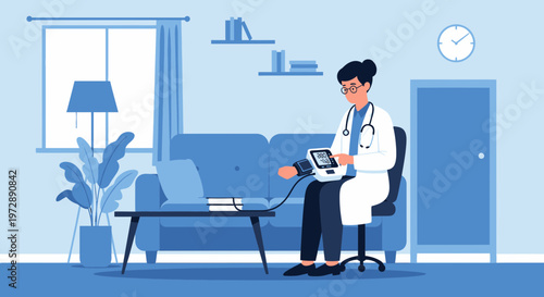 Doctor checking blood pressure at home, telemedicine and healthcare concept