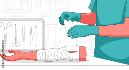 Doctor Applying Bandage to Injured Arm with Surgical Instruments Nearby