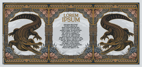 Vintage Gharial Crocodile Swamp Floral Frame Template for Invitation Certificate Design