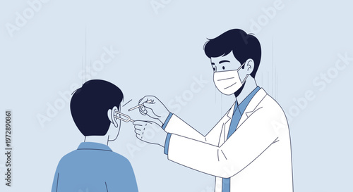 Doctor checking child's ear temperature with thermometer during medical checkup