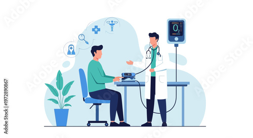 Doctor checking patient's blood pressure and oxygen saturation in clinic