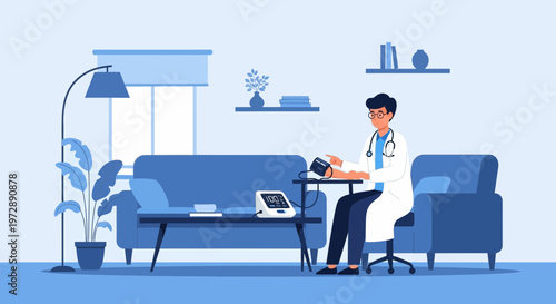 Doctor checking patient's blood pressure at home, healthcare concept
