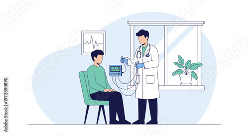 Doctor checking patient's blood pressure with modern medical equipment in clinic