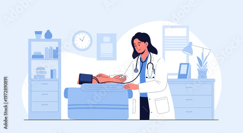 Doctor checking patient's blood pressure in clinic, medical checkup illustration