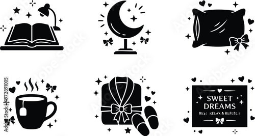 Black and white sweet dreams cozy night icons set with pillow robe tea and moon