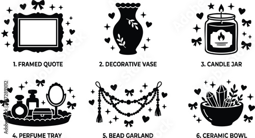 Black and white silhouette set of framed quote vase candle perfume tray bead garland ceramic bowl