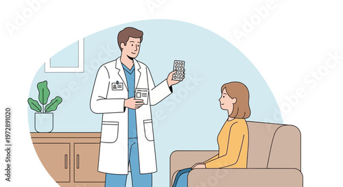 Doctor showing medication to patient in clinic, healthcare consultation, medical advice