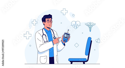 Doctor showing glucometer for diabetes control, medical symbols in background
