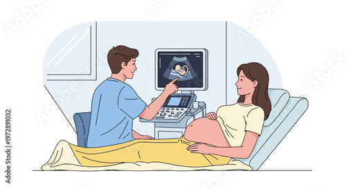 Doctor showing ultrasound scan of baby to pregnant woman on bed in clinic