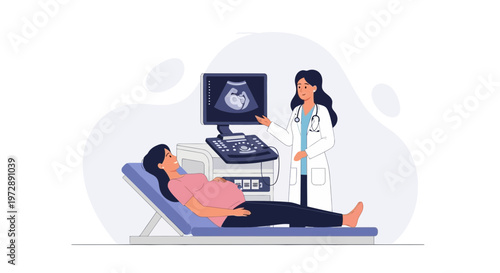 Doctor showing ultrasound scan to pregnant woman, expecting baby, medical checkup